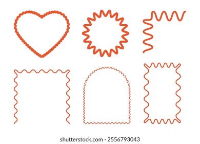 Red zigzag wavy frame. Vector retro border, groovy shapes set, trendy line art decorations.