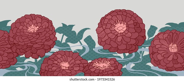 Red zinnia flowers. Hand-drawn vector background illustration.