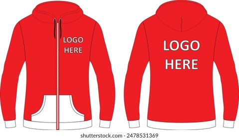 Red Zipper Hoodie with contrast rib custom design Flat Sketch Mockup Front and Back