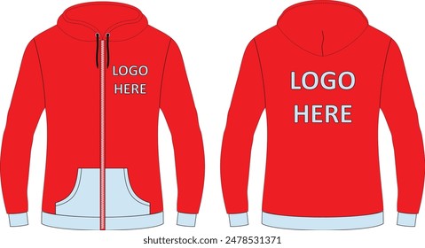 Red Zipper Hoodie with contrast rib custom design Flat Sketch Mockup Front and Back