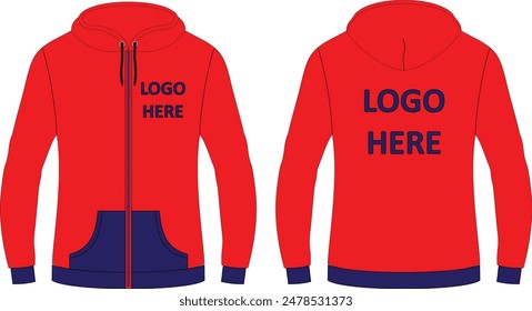 Red Zipper Hoodie with contrast rib custom design Flat Sketch Mockup Front and Back