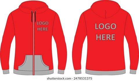 Red Zipper Hoodie with contrast rib custom design Flat Sketch Mockup Front and Back