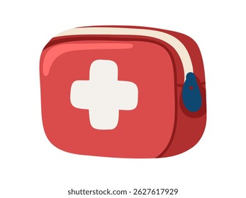 Kit de primeiros socorros com zíper vermelho. Saco Portátil para Medicamentos de Férias. Ilustração de vetor de desenhos animados sobre fundo branco. 