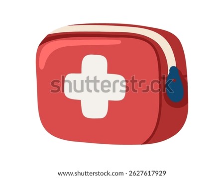 Red zipper travel-size first aid kit. Portable Bag for Vacation Medicines. Cartoon vector illustration on white background. 