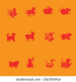 Red zodiac signs in yellow background simple flat vector illustration