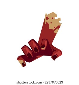 Red zombie or monster hand vector illustration. Horror, walking dead, monsters for Halloween. Cartoon drawing of rotting arm isolated on white background. Halloween concept