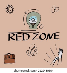 Red zone coronavirus lettering with doctor, gloves, virus icon