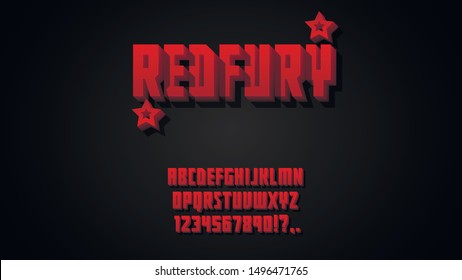 "Red_Fury"- Red Bold Isometric Soviet (USSR) style Font Set. Red bold isometric letters and numbers of sharp rectangular shape with shadow. VECTOR 3d  alphabet illustration on black background.