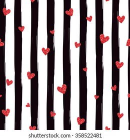 Reda glittering heart confetti seamless pattern on striped background