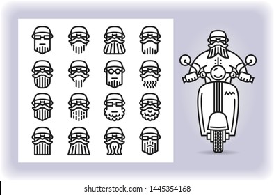 Redactable picture of person with mustache and beard wearing a helmet that riding by scooter and set of sixteen replaceable icons of that driver heads isolated on white. Emoji and avatars flat style.