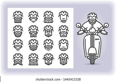 Redactable picture of person with mustache and beard wearing a helmet that riding by scooter and set of sixteen replaceable icons of that driver heads isolated on white. Emoji and avatars flat style,