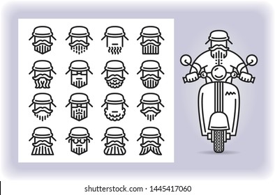 Redactable picture of person with mustache and beard wearing a helmet that riding by scooter and set of sixteen replaceable icons of that driver heads isolated on white. Emoji and avatars flat style.
