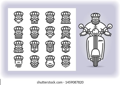 Redactable picture of person with mustache and beard wearing a cap that riding by scooter and set of sixteen replaceable icons of that driver heads isolated on white. Emoji and avatars flat style set.