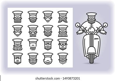Redactable picture of person with mustache and beard wearing a officer hat that riding by scooter and set of sixteen replaceable icons of that driver heads isolated on white. Emoji and avatars.