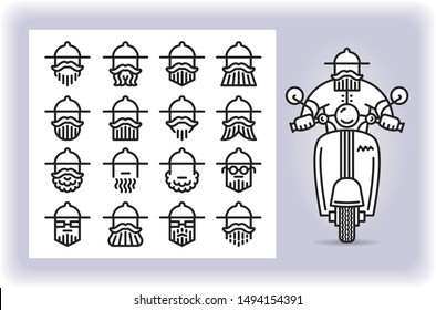 Redactable picture of person with mustache and beard wearing a canada ranger hat that riding by scooter and set of sixteen replaceable icons of that driver heads isolated on white. Emoji and avatars.