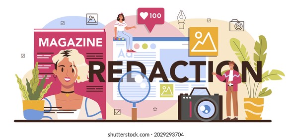 Redaction typographic header. Journalist and designer working on magazine article and photo. Magazine editing, content selection, release plan and promotion. Isolated flat vector illustration