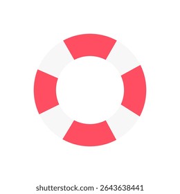 A red-and-white lifebuoy ring, drawn with bold outlines in flat style. Suitable for safety signage, boating icons, or beach-related tools.