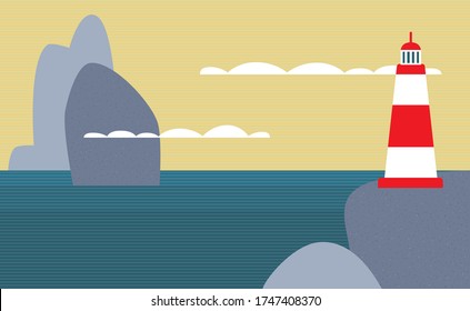 A red-and-white lighthouse on the rocky coast of the sea shows ships and vessels the way home. Vector illustration.