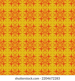 The red-and-yellow pattern is beautiful. Vector illustration in geometric style snowflakes flowers lines. Seamless ornament