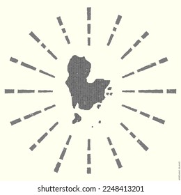 Redang Island Logo. Grunge sunburst poster with border map. Shape of Redang Island filled with hex digits with sunburst rays around. Appealing vector illustration.