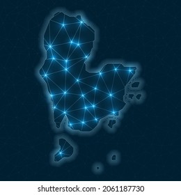 Mapa de la red de la isla Redang. Mapa geométrico abstracto de la isla. Conexiones digitales y diseño de telecomunicaciones. Red de Internet brillante. Ilustración vectorial atractiva.