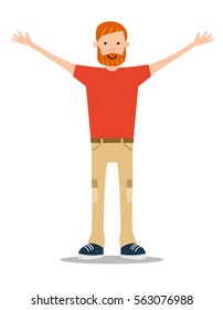 The red-bearded young man in summer clothes happily waving his hands. Cartoon flat vector illustration