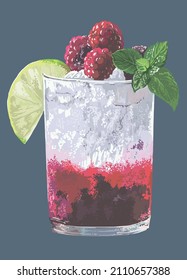 Redberry lemon pictures, heathy drink, presh, mixture, art.illustration, vector