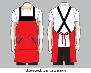 Red-Black Apron with Pocket Design on Gray Background. Front and Back Views, Vector File