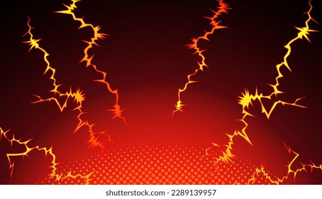 Red-black background with lightnings. Vector image in manga and anime style.