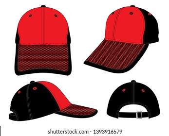 Red-Black Baseball Cap with Mesh-Binding Trim Visor, Adjustable Metal Buckle Closure Design on White Background, Vector File.