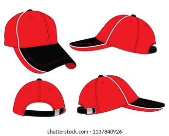 Red-Black Baseball Cap with Piping on Crown-Peak, Adjustable Metal Buckle Closure Design on White Background, Vector File.