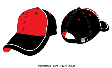 Red-Black Baseball Cap with White Piping on Crown-Peak and Metal Buckle Closure Design, Vector File.