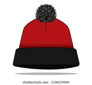 Red-Black Beanie Hat Design Fold Style Vector on White Background.