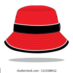 Red-Black Bucket Hat With White Line Piping Design Vector.Front and Back View.
