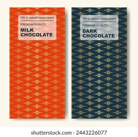 Red-black chocolate bar package design set. Trendy golden product brand template with label pattern for packaging.