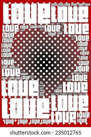 red-black gradient background with polka dots. with ' love' text and love heart icon together design. for all celebration, valentines day, birthday, mothers day, fathers day. hot vibrant color vector.
