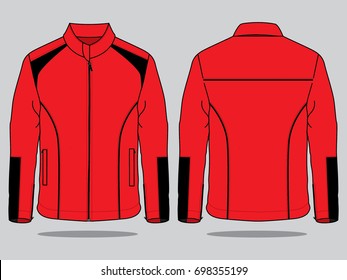 Red-Black Jacket With Trim Style And Hidden Head Zipper Design, Front And Back View.
