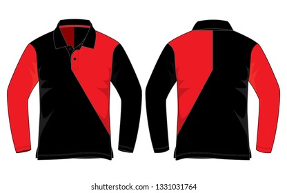 Red-Black Long Sleeve Polo Shirt Design on White Background.Front and Back View, Vector File