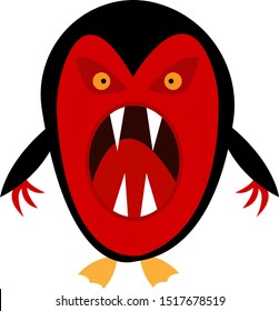 red-black penguin with open mouth and sharp fangs fantastic monster for halloween object on a white background