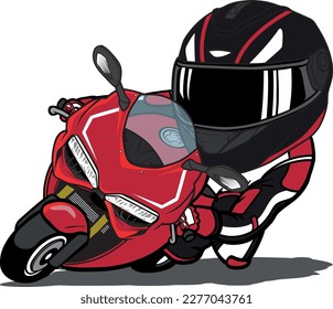 Red-Black Racer Riding Sport Motorcycle lead in curve with speed Cartoon Mascot