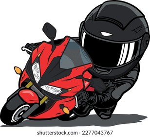 Red-Black Racer Riding Sport Motorcycle lead in curve with speed Cartoon Mascot