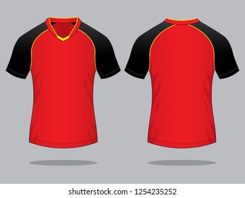 Red-Black Raglan Soccer Jersey Shirt With Yellow Piping Design On Gray Background.Front And Back View, Vector File.