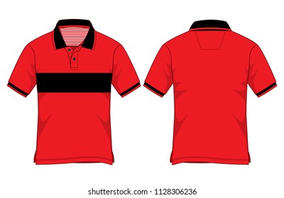 Red-Black Short Sleeve Polo Shirt With Stripe Lines Neck Inside Design On White Background.Front and Back View.