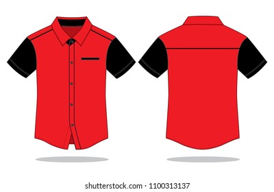 Red-Black Short Sleeve Technician Shirt and One Pocket, Line Piping Design Vector.Front and Back View.