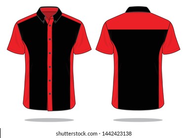 Red-Black Short Sleeve Technician Shirt and One Pocket Design Vector.Front and Back View.