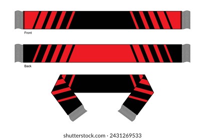 Red-Black Soccer Fans Scarf Design On White Background.
Front and Back View, Vector.