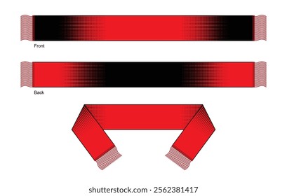 Red-Black Soccer Fans Scarf Design on White Background. Front and Back Views, Vector File