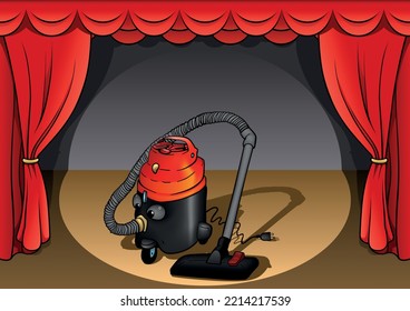 Red-black Vacuum Cleaner with Funny Face - Colored Cartoon Illustration with Background, Vector