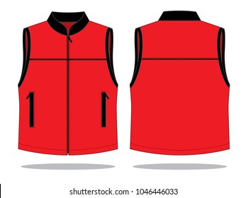 Red-Black Vest with Black Edging, Black Line Piping Design on White Background. Front and Back Views, Vector File