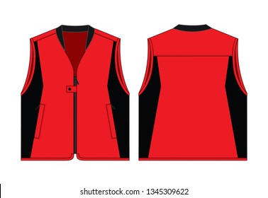 Red-Black Vest Design On White Background.Front And Back View.
